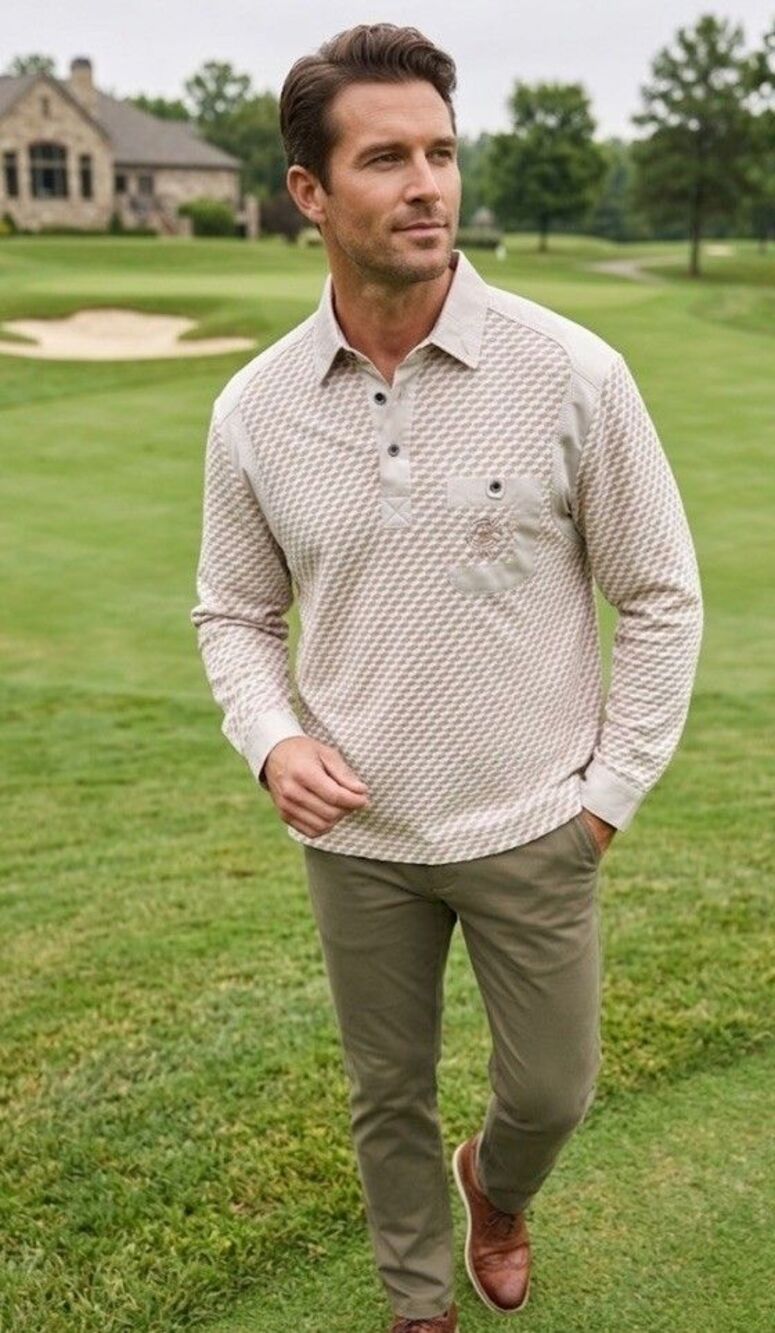 Jean Pierre Golf Club Polo Shirt Mens 100 Large L/S Textured Knit Beige Vintage